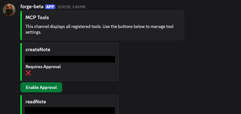 A series of Discord messages listing MCP tools